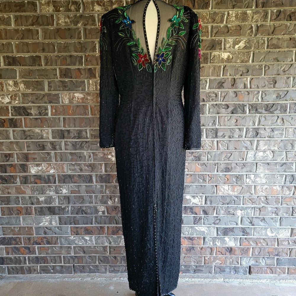 Scala Dress Womens XL Black Silk Beaded Sequin Floral Evening Gown Long Sleeve - Picture 2 of 11